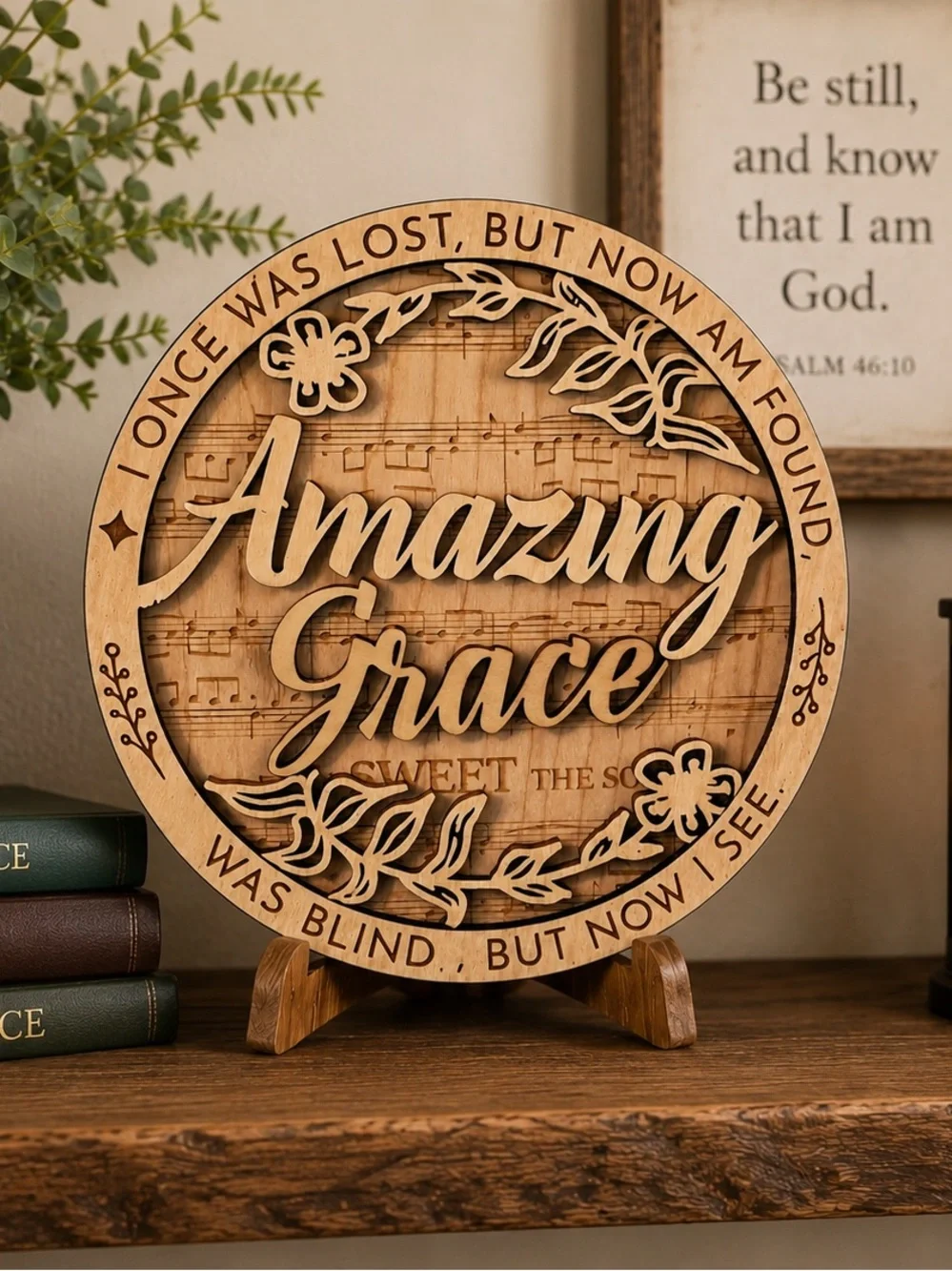 Amazing Grace Wood Plaque Sign 3D Layered Hymn Art with Stand